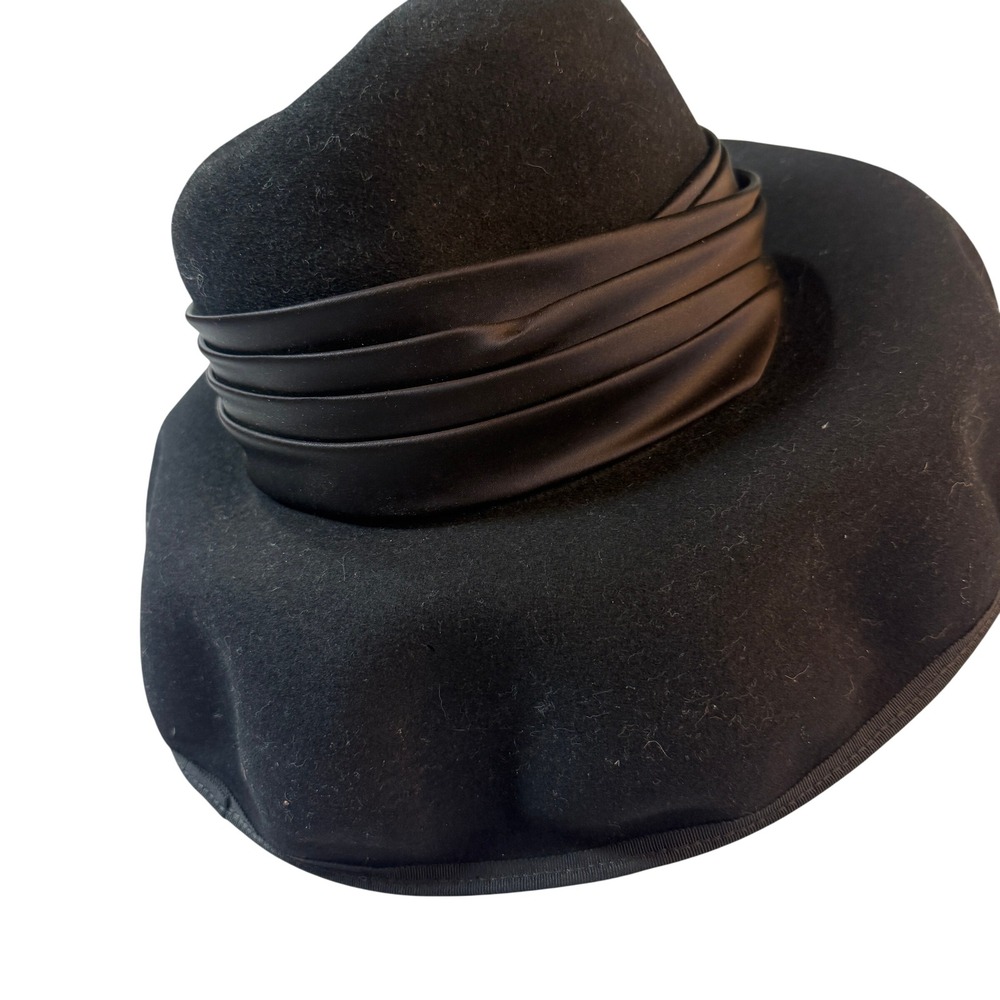 Leroy Fedora Hat Womens OS Black Vintage Wool Felt Pleated Satin Band